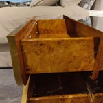 Mirror Stainless Steel Nightstand with Hammered Gold Accents & Burl Natural Wood Veneer